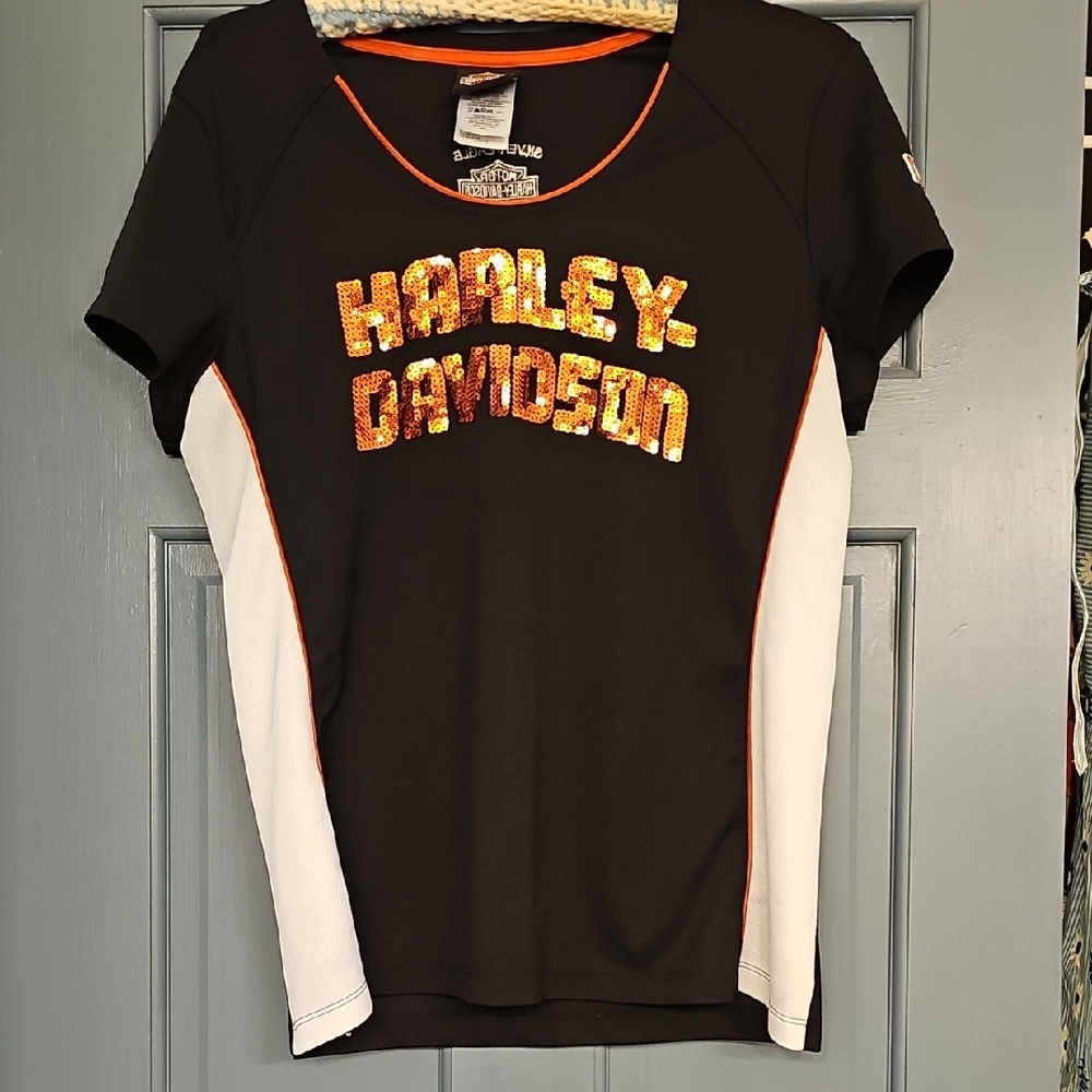 Harley-Davidson Black and White Top with Orange Accents